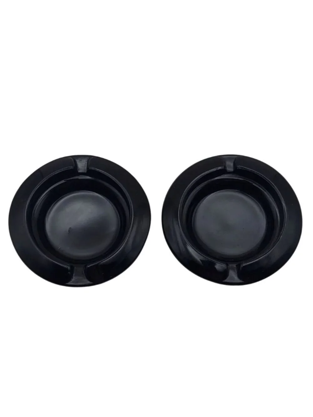 Vintage Round Black Glass Ashtrays Set Of 2 Two-Groove Cigarette Design